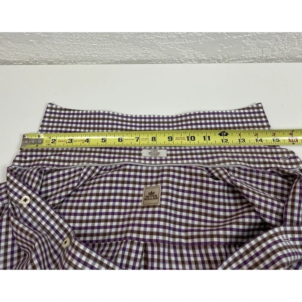 PETER MILLAR Button Up Gingham Check Shirt Men L Purple White Preppy Long Sleeve